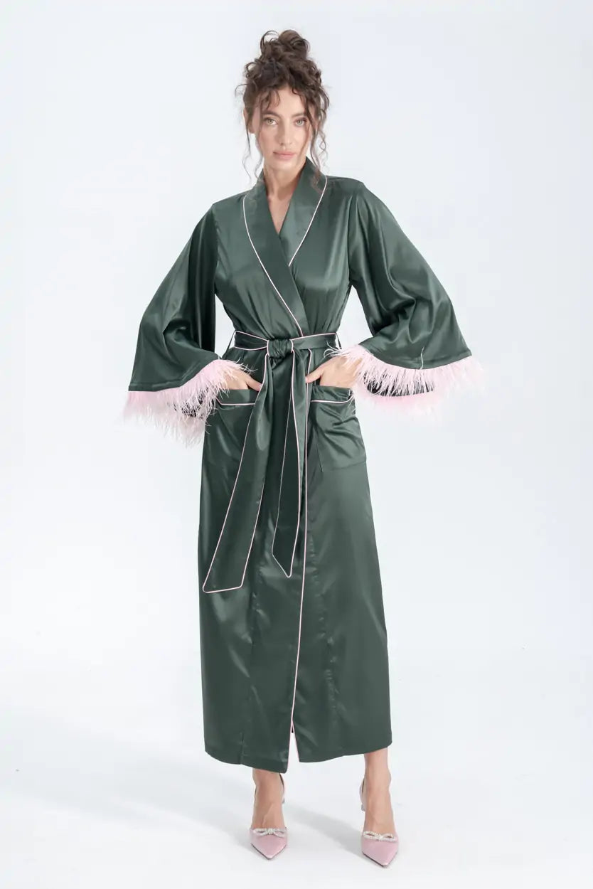 Long Silky Satin Feather Dressing Gown with Piping.