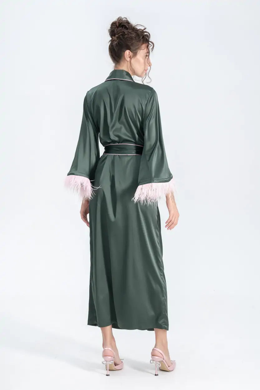 Long Silky Satin Feather Dressing Gown with Piping.