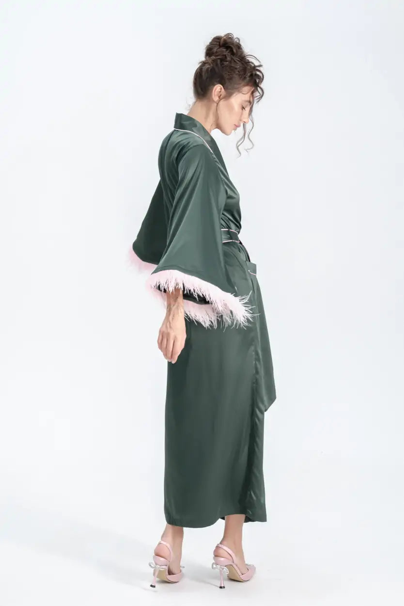 Long Silky Satin Feather Dressing Gown with Piping.