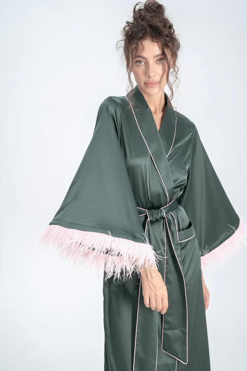 Long Silky Satin Feather Dressing Gown with Piping.