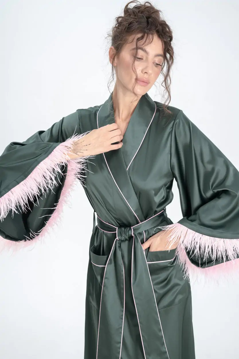 Long Silky Satin Feather Dressing Gown with Piping.