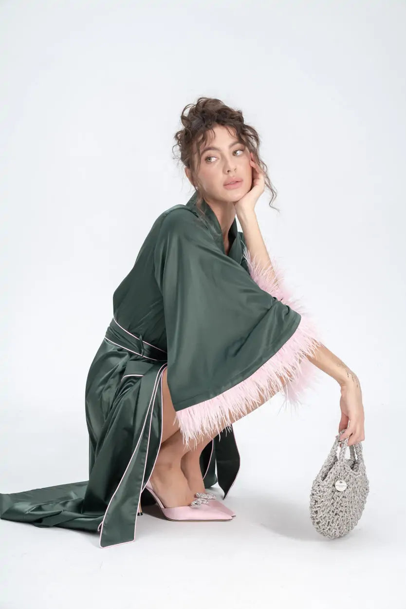 Long Silky Satin Feather Dressing Gown with Piping.