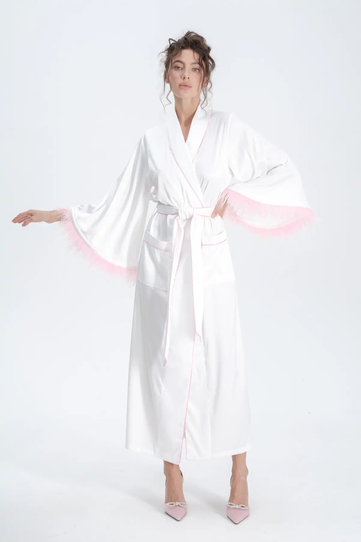 Long Silky Satin Feather Dressing Gown with Piping.