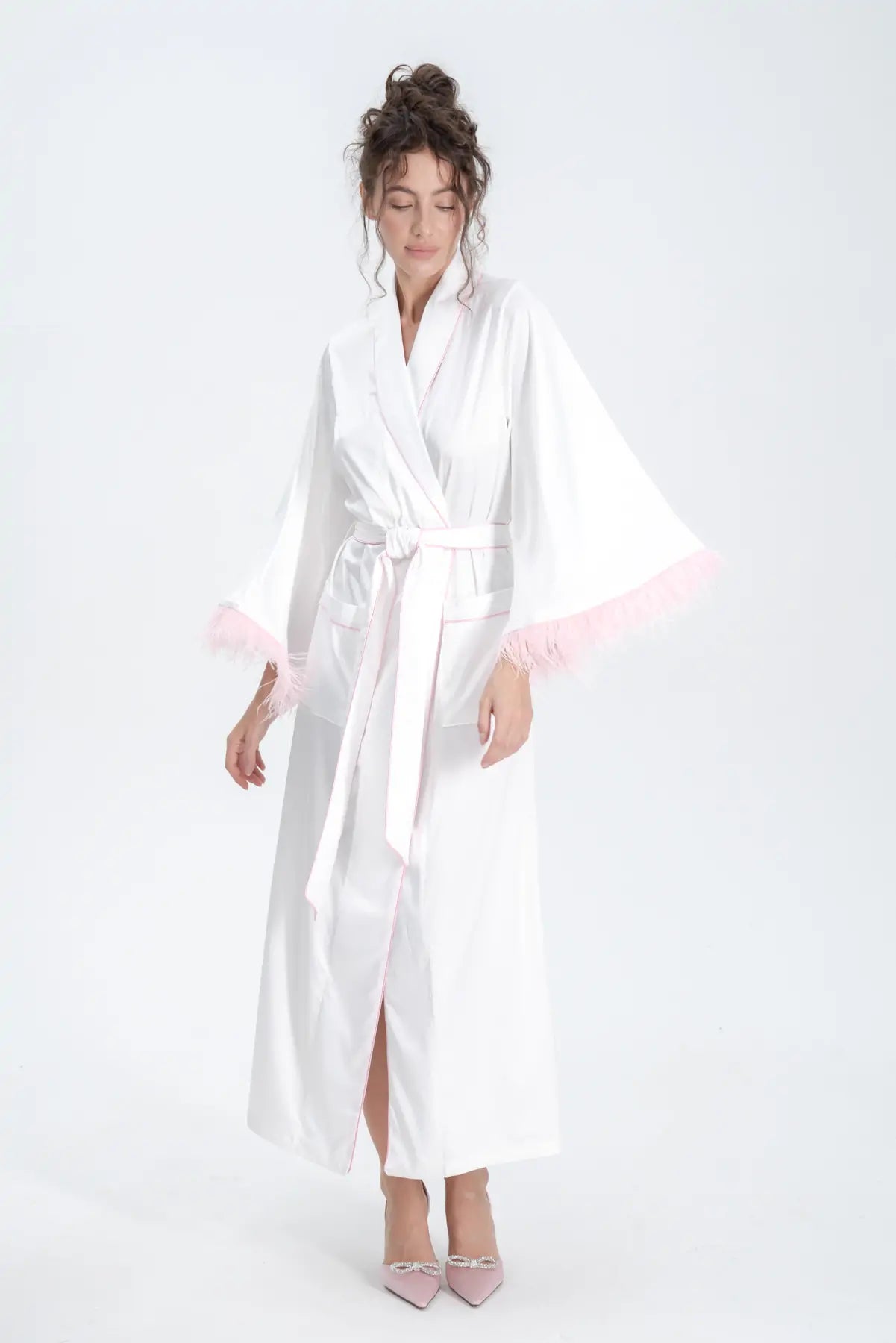 Long Silky Satin Feather Dressing Gown with Piping.