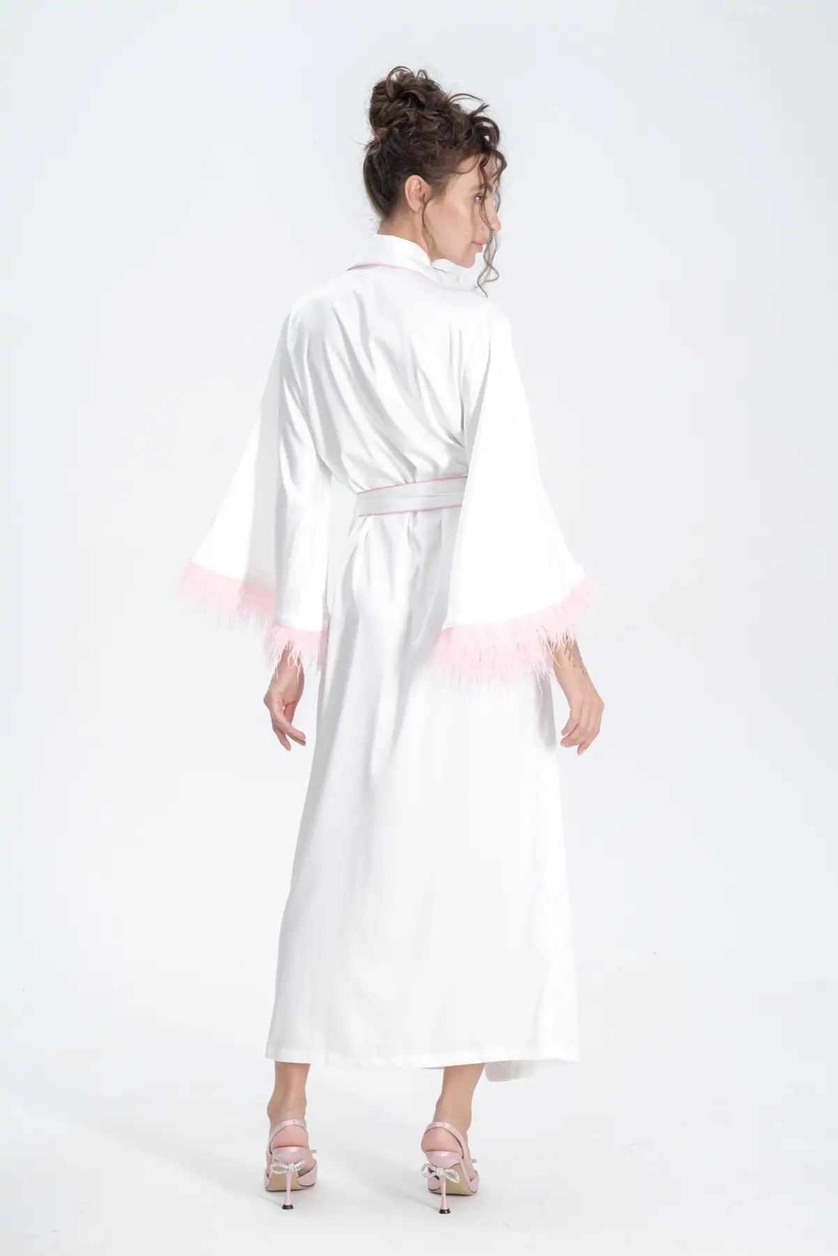 Long Silky Satin Feather Dressing Gown with Piping.