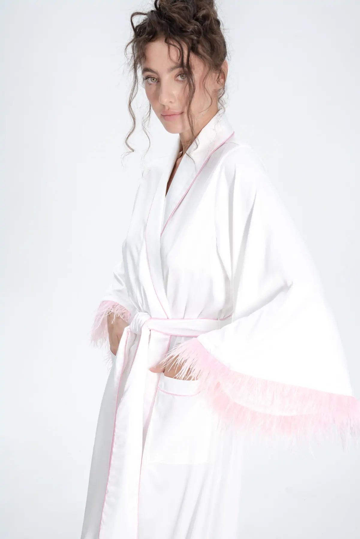 Long Silky Satin Feather Dressing Gown with Piping.