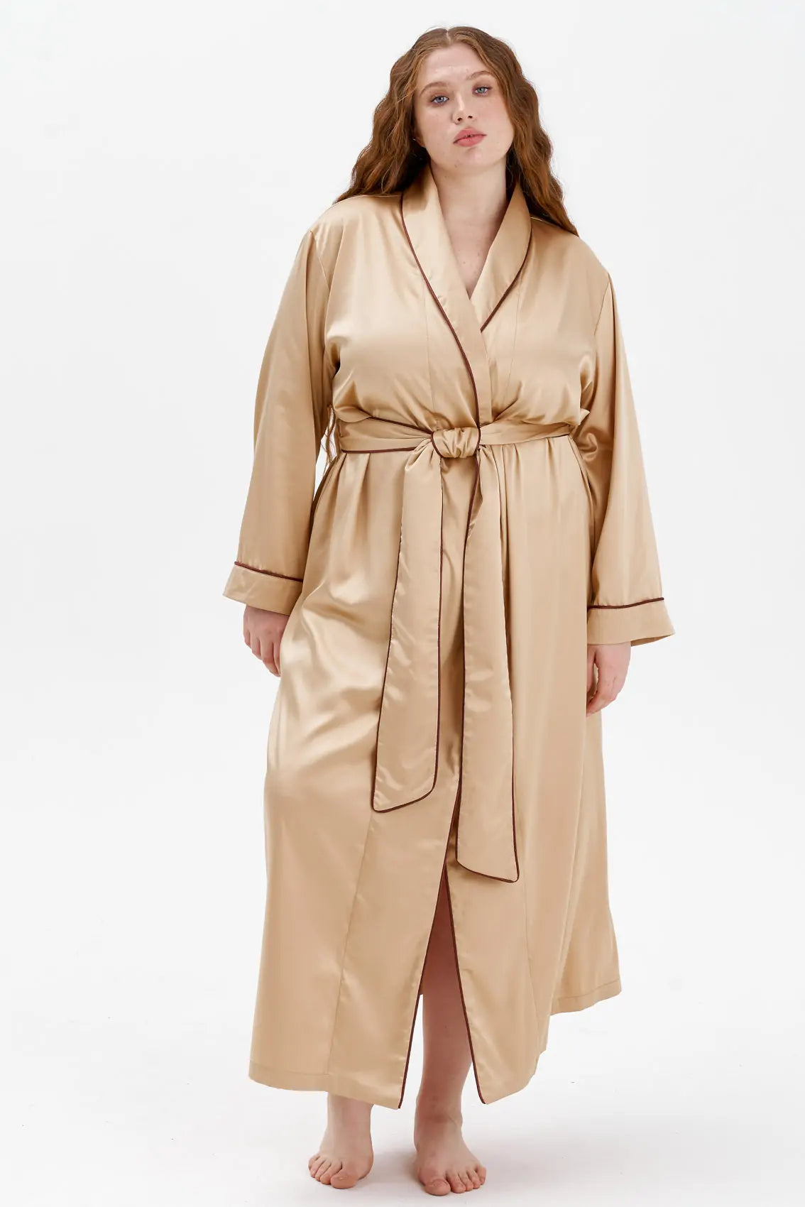 Long Satin Robe with Contrast Piping.