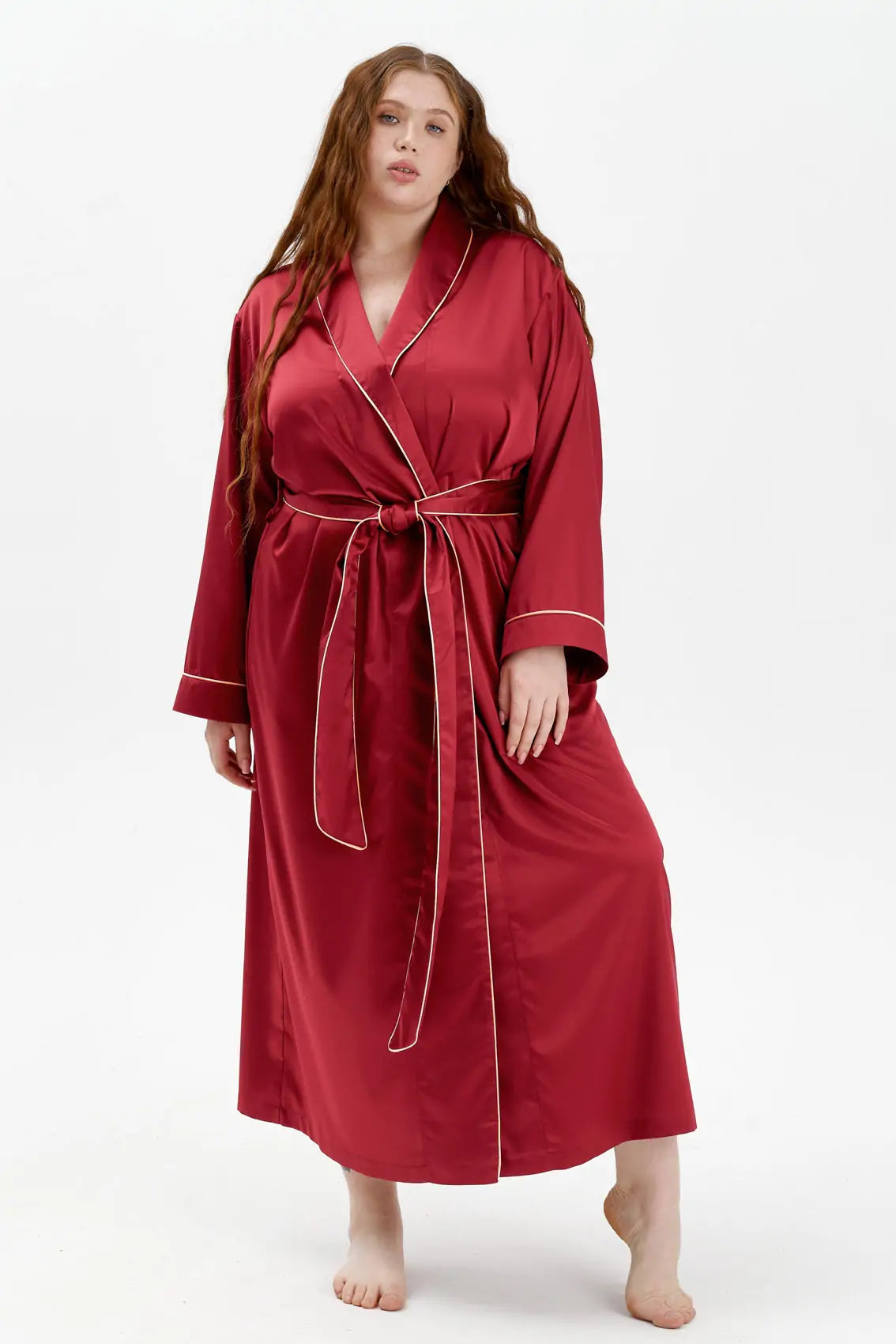 Long Satin Robe with Contrast Piping.
