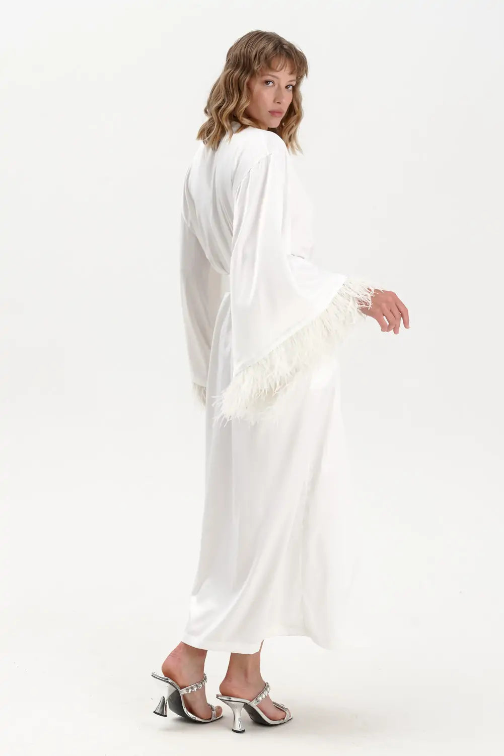 Long Silky Satin Feather Dressing Gown - Bella Babe by SK Nightsuit Nightdress Robes Silk Satin Nighty Gown Nightwear