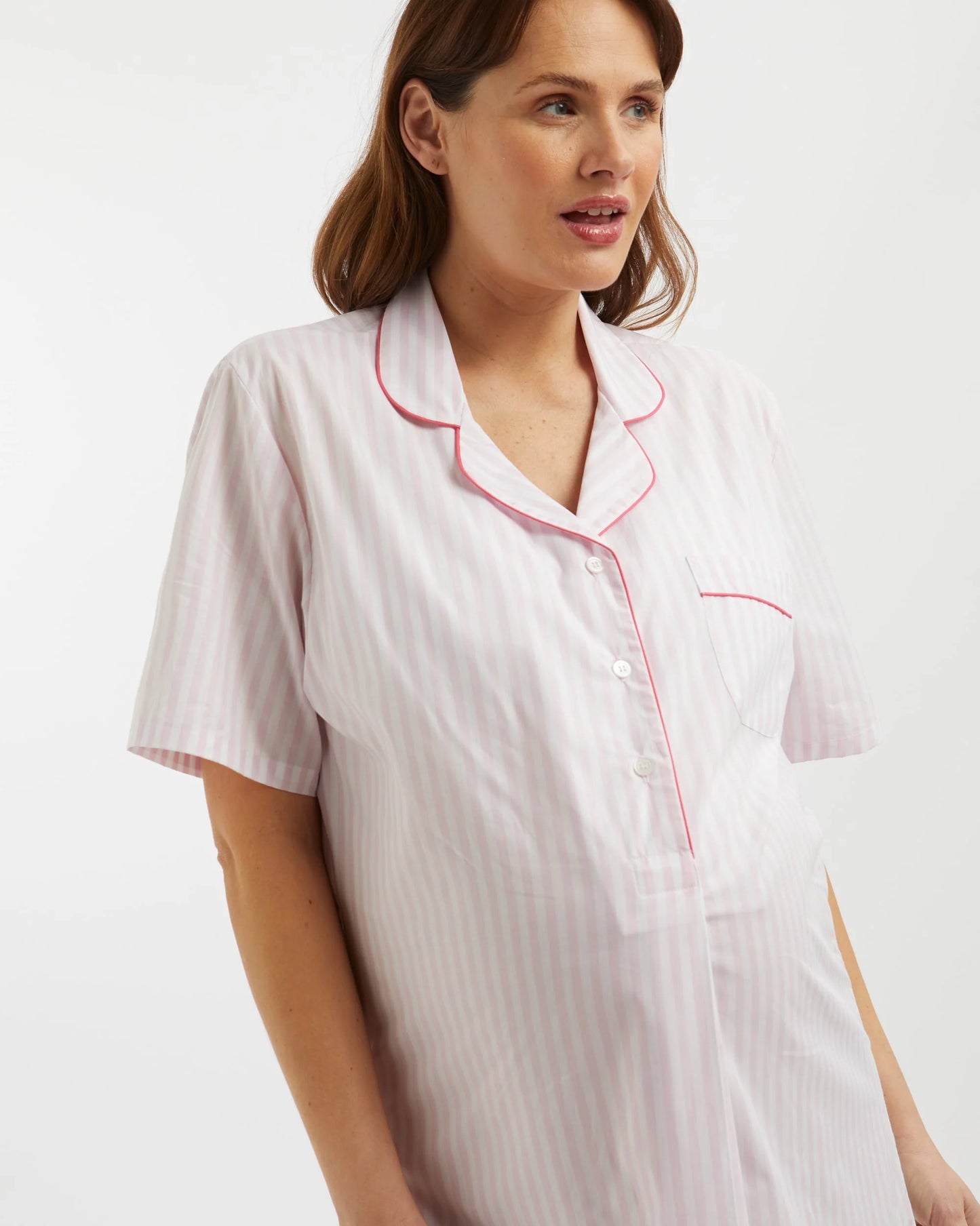 Pink Striped Maternity Shirt 100% Cotton - Bella Babe by SK Nightsuit-Nightdress-Robes-Silk-Satin-Nighty-Gown-Nightwear-Shorts-Pajamas-Nightsuit-for-women-men-bathrobe-Satin-dress-cotton-