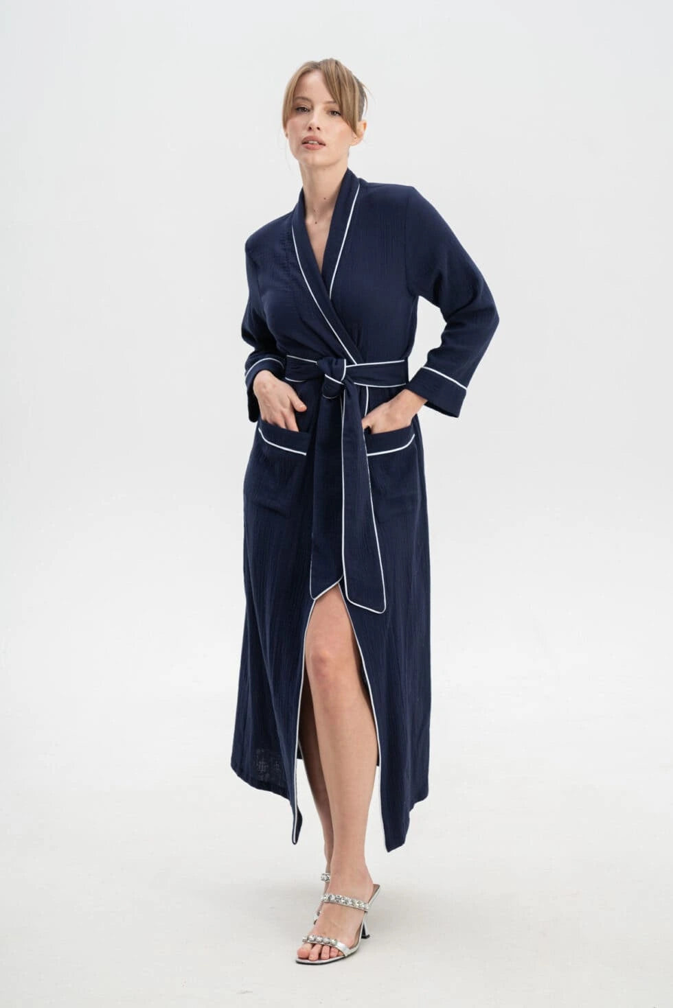 Muslin Long Robe with Piping.