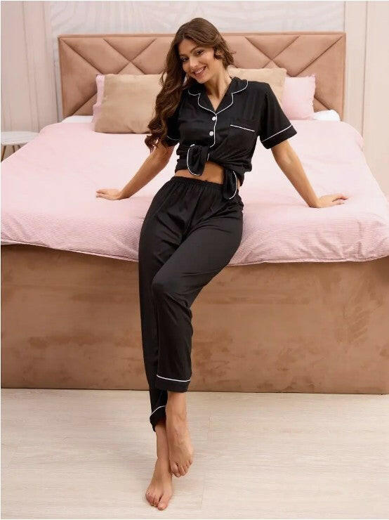 Half Sleeve Pyjama Set In Black Cotton Lycra.