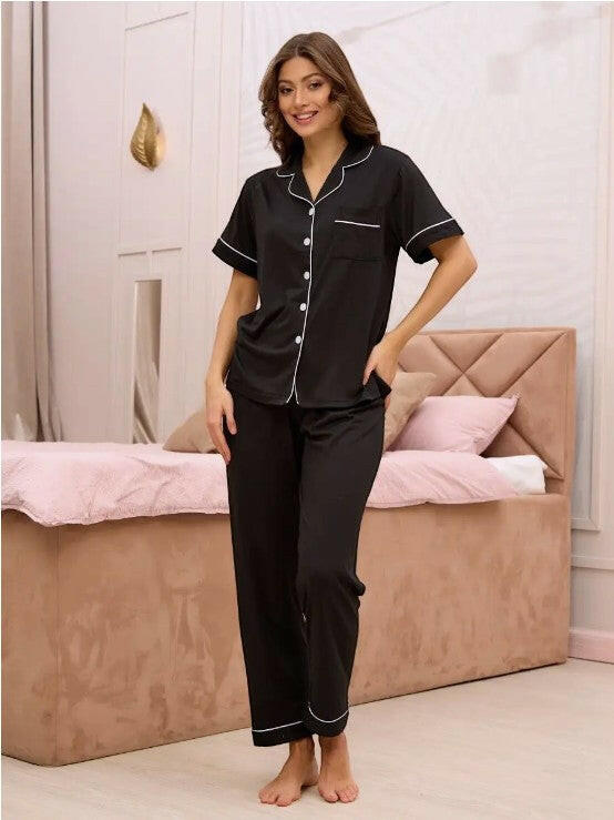 Half Sleeve Pyjama Set In Black Cotton Lycra.