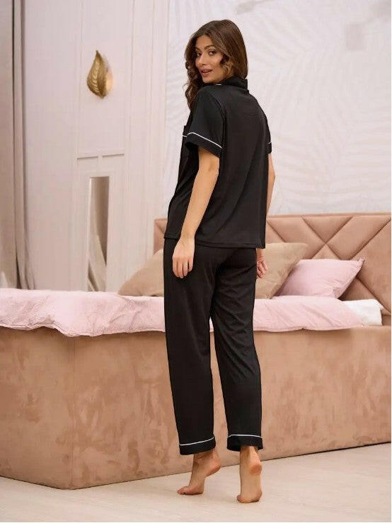 Half Sleeve Pyjama Set In Black Cotton Lycra.
