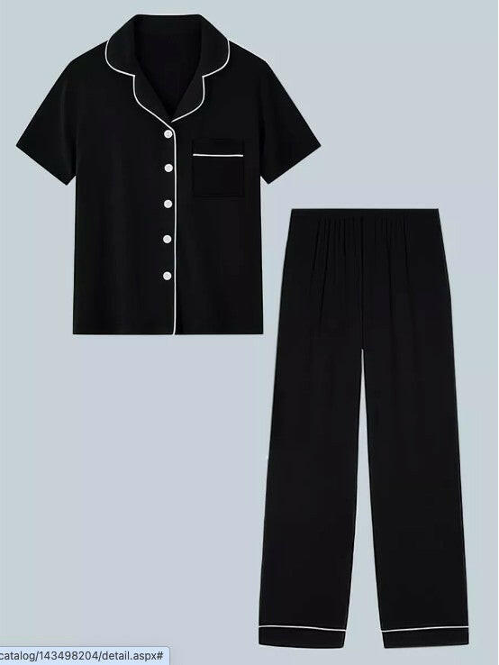 Half Sleeve Pyjama Set In Black Cotton Lycra.