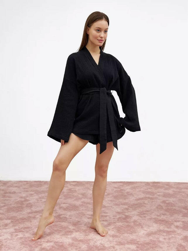 Muslin Robe and Booty Shorts set.
