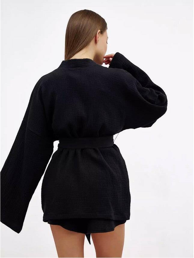 Muslin Robe and Booty Shorts set.