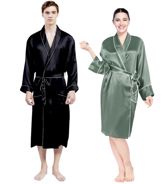 Luxe Satin Robe Set (Contrast Piping) - Bella Babe by SK Nightsuit Nightdress Robes Silk Satin Nighty Gown Nightwear
