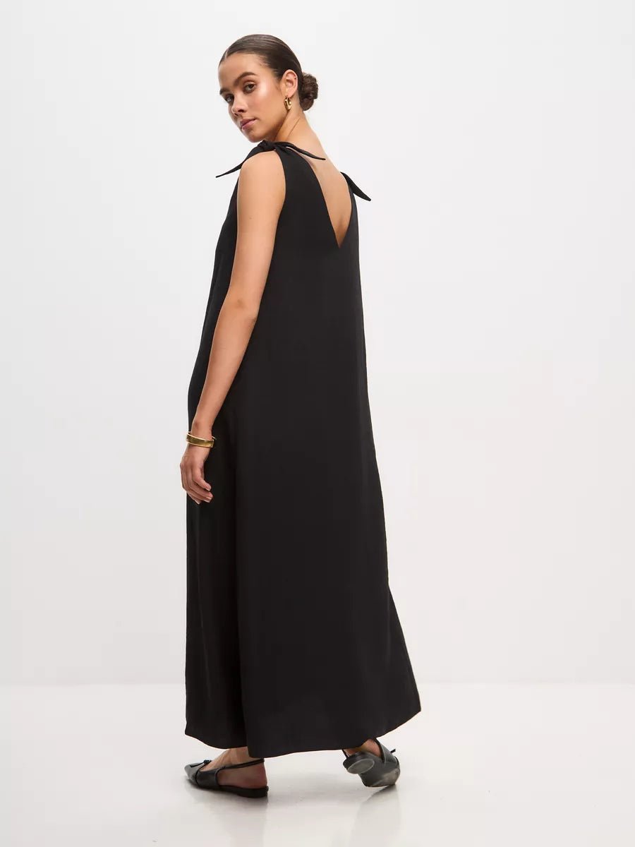 Black Cotton Poplin Maxi Dress | Tie-Shoulder V-Neck Dress | Elegant Sleeveless Long Dress for Women - Bella Babe by SK