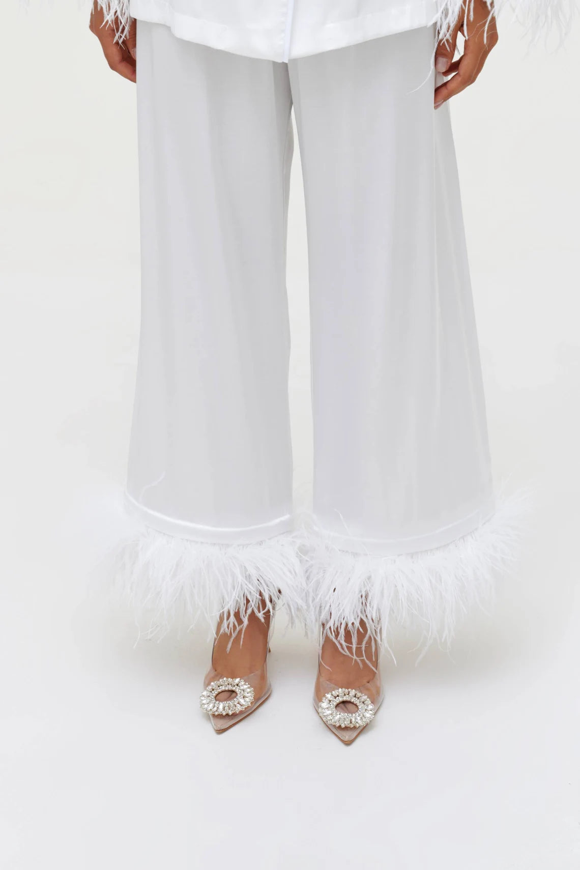 Feather Cropped Pajama Set - Bella Babe by SK Nightsuit Nightdress Robes Silk Satin Nighty Gown Nightwear