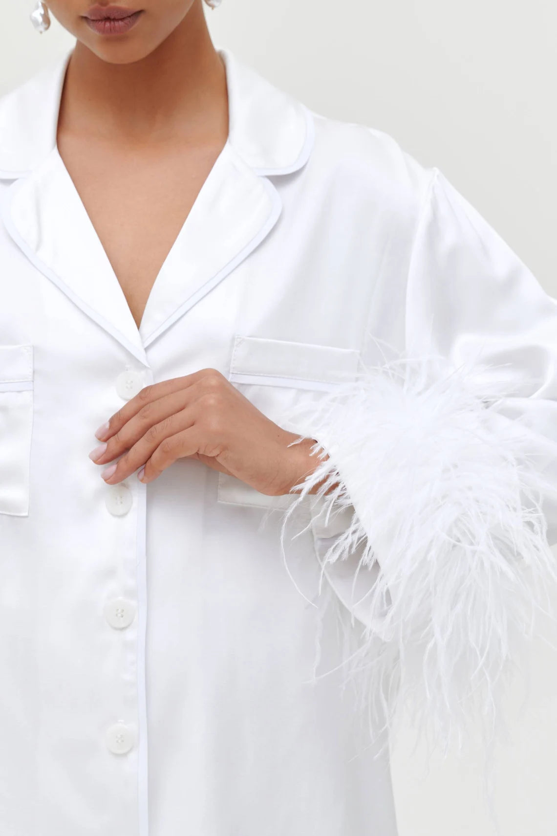 Feather Cropped Pajama Set - Bella Babe by SK Nightsuit Nightdress Robes Silk Satin Nighty Gown Nightwear