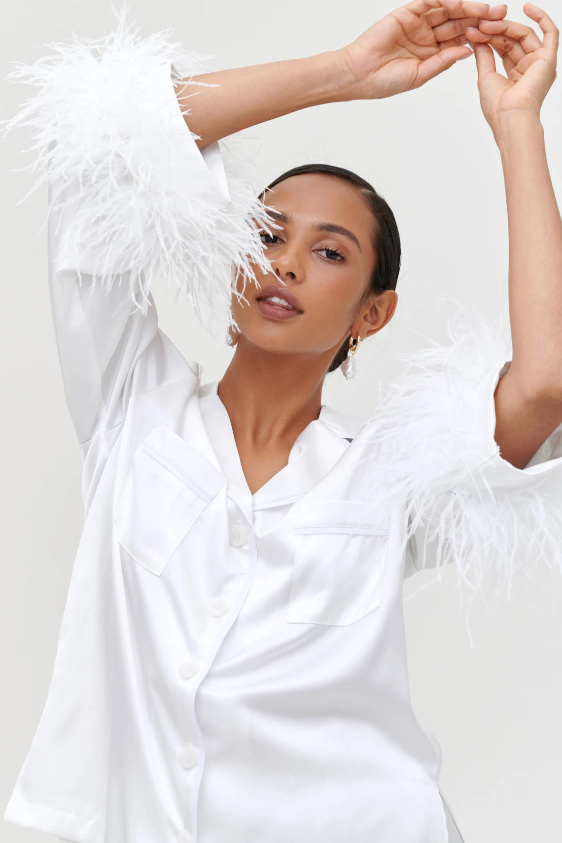Feather Cropped Pajama Set - Bella Babe by SK Nightsuit Nightdress Robes Silk Satin Nighty Gown Nightwear