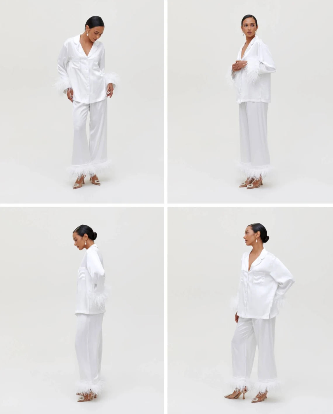Feather Cropped Pajama Set - Bella Babe by SK Nightsuit Nightdress Robes Silk Satin Nighty Gown Nightwear