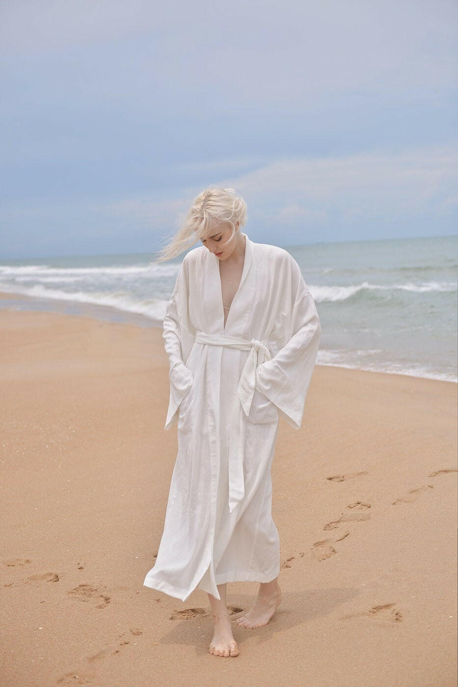Long Robe in White Linen.