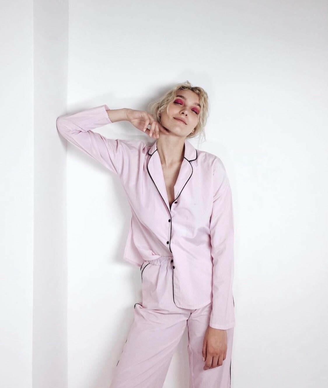 Loungewear Set Pink Solid Cotton Satin.
