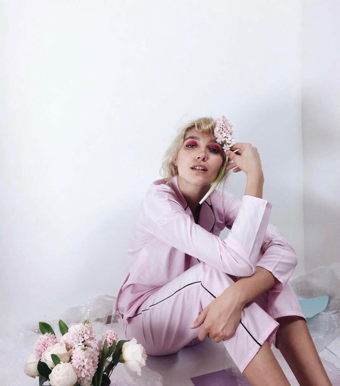 Loungewear Set Pink Solid Cotton Satin.