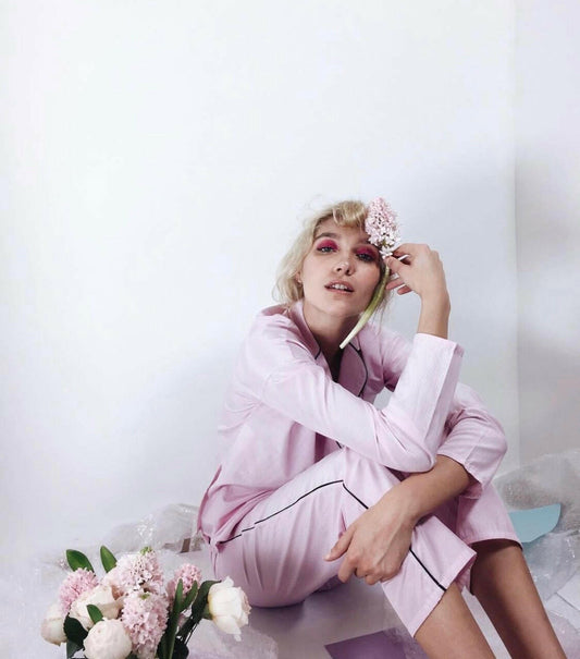 Loungewear Set Pink Solid Cotton Satin.