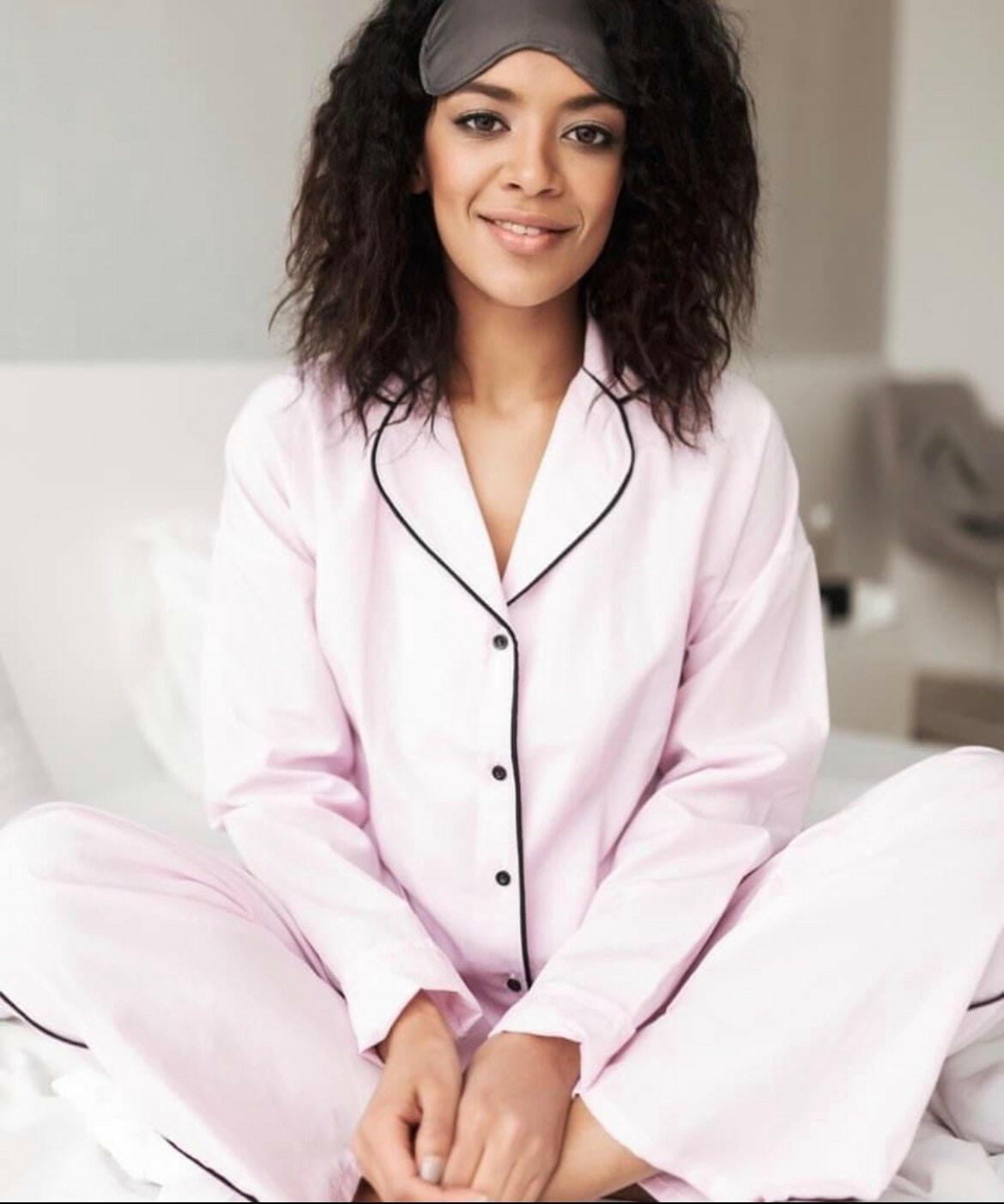 Loungewear Set Pink Solid Cotton Satin.