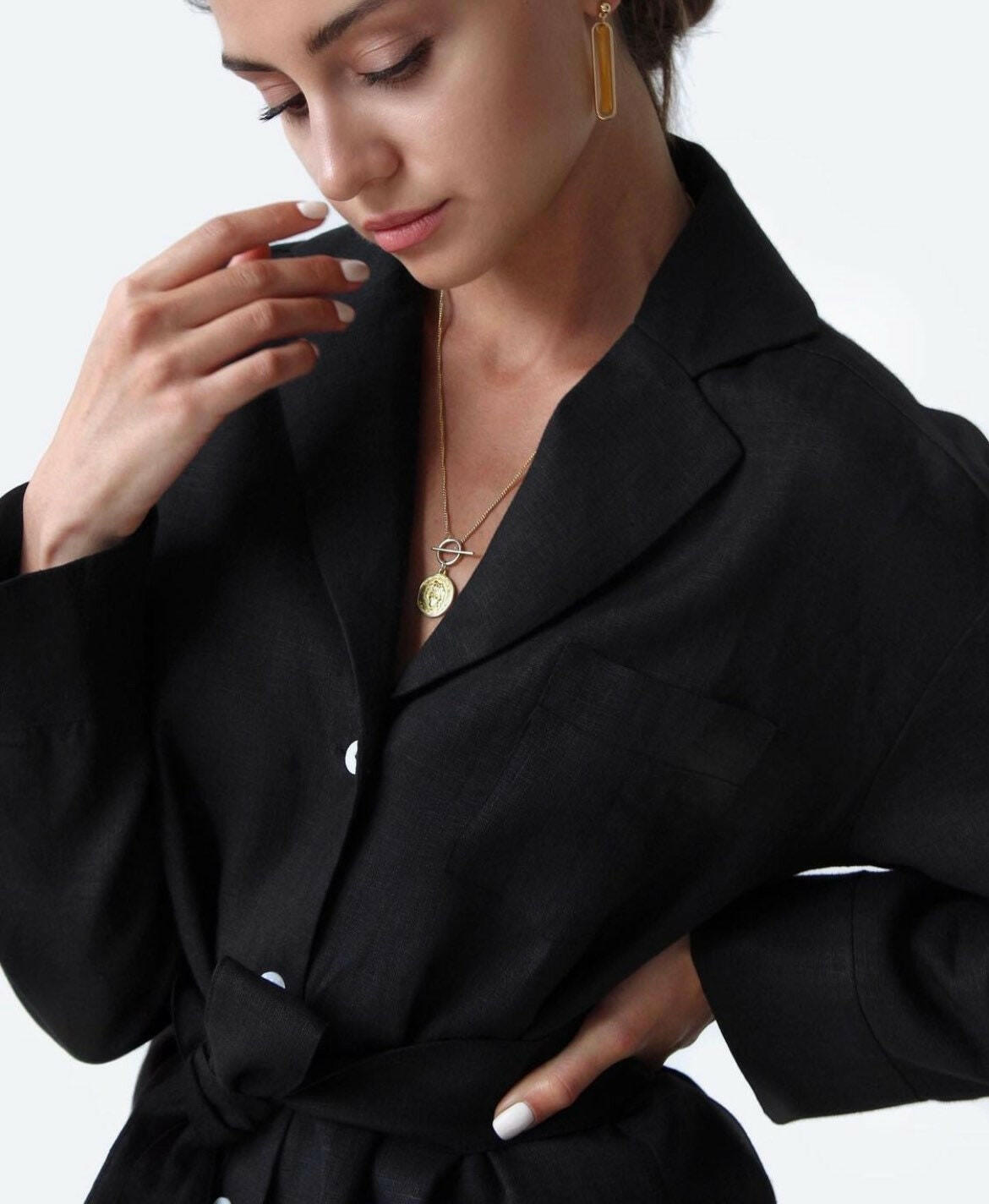 Relaxed Shirt and Pajama Set with belt in Black Linen.