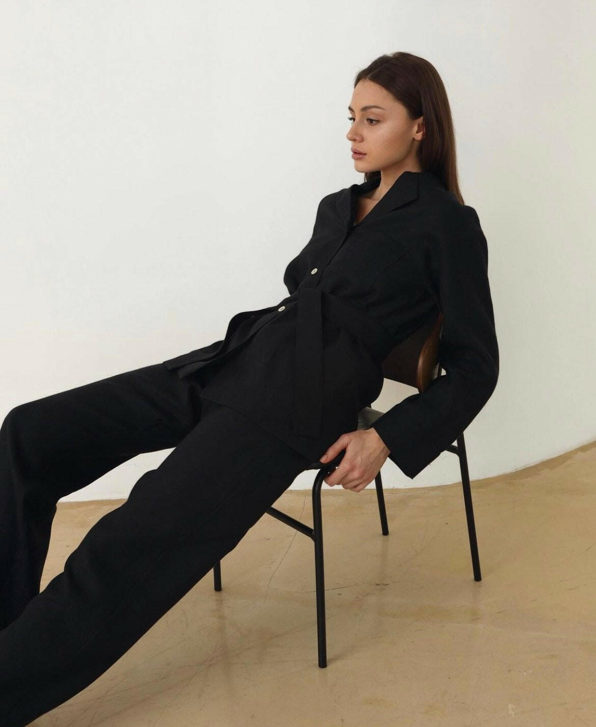 Relaxed Shirt and Pajama Set with belt in Black Linen.