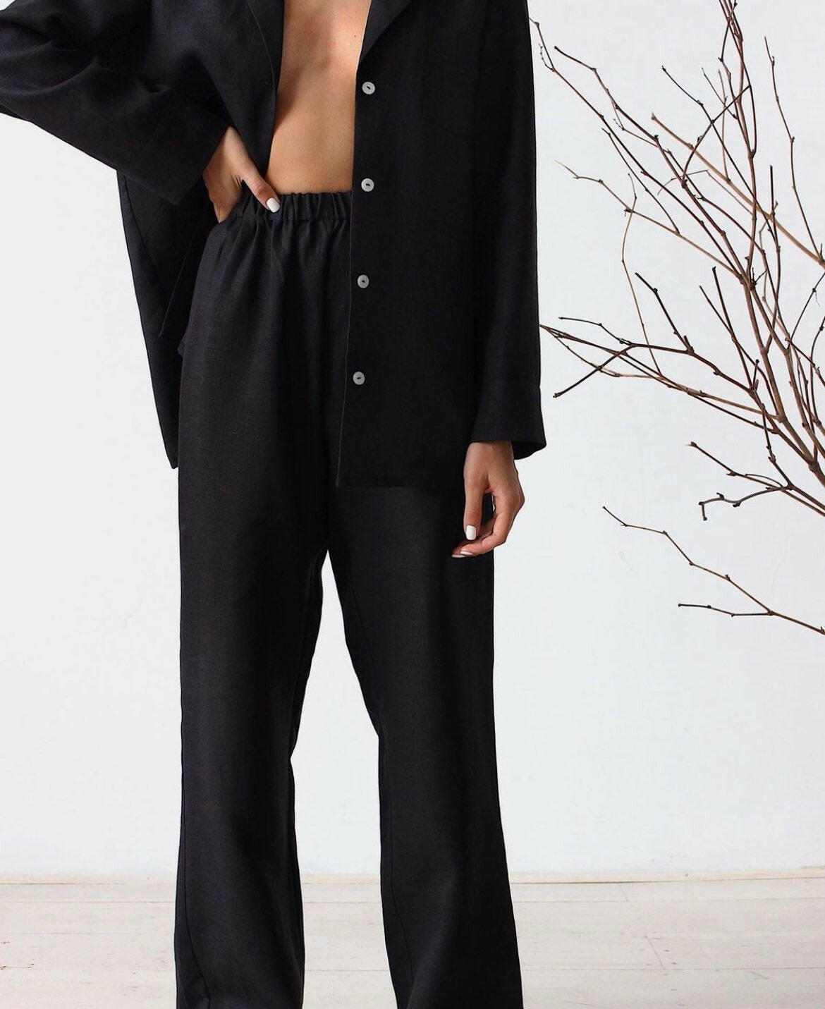 Relaxed Shirt and Pajama Set with belt in Black Linen.