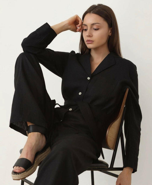 Relaxed Shirt and Pajama Set with belt in Black Linen.