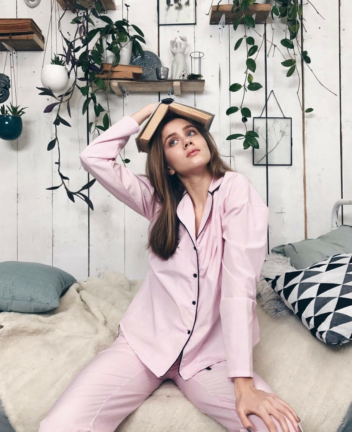 Loungewear Set Pink Solid Cotton Satin.