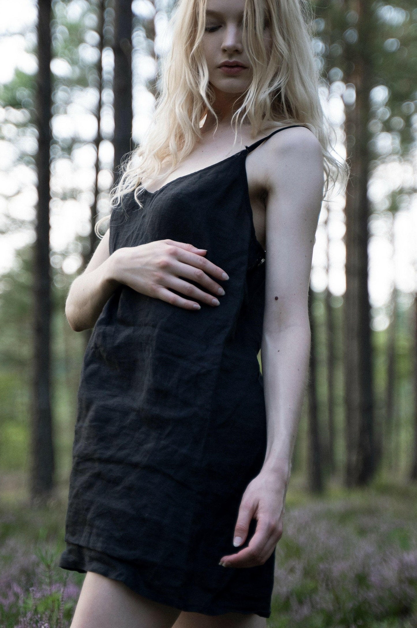 Linen Slip Dress in Black.