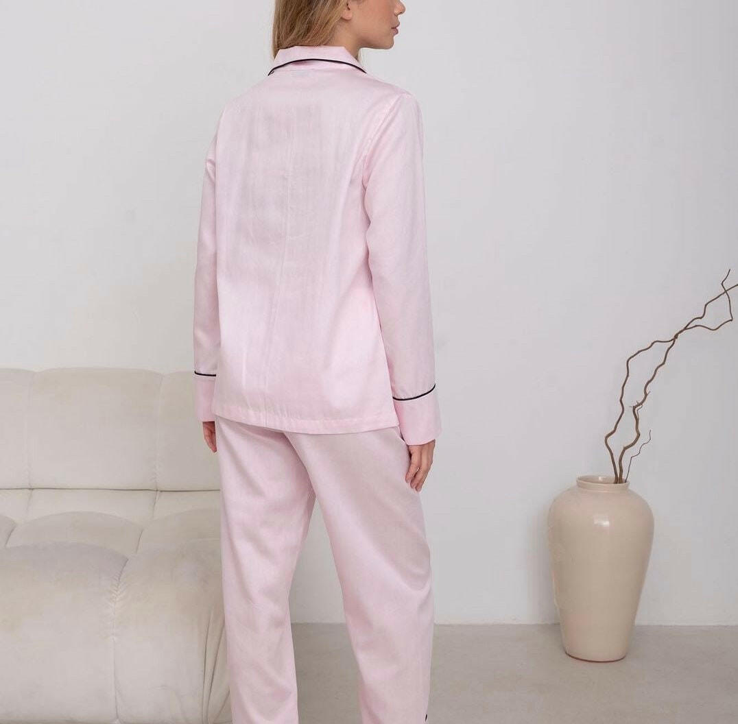 Loungewear Set Pink Solid Cotton Satin.