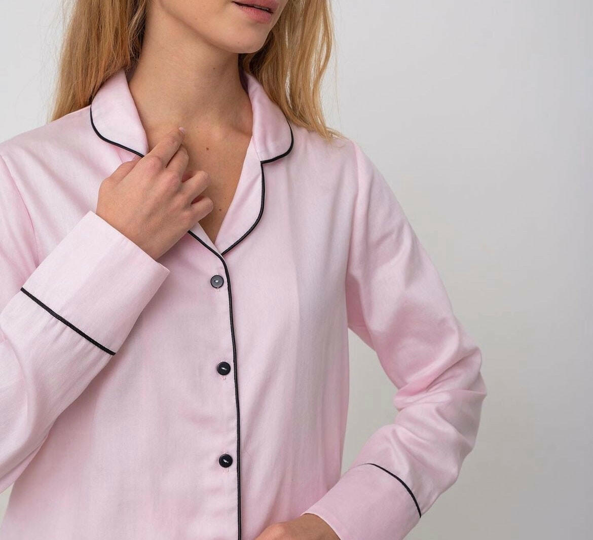 Loungewear Set Pink Solid Cotton Satin.