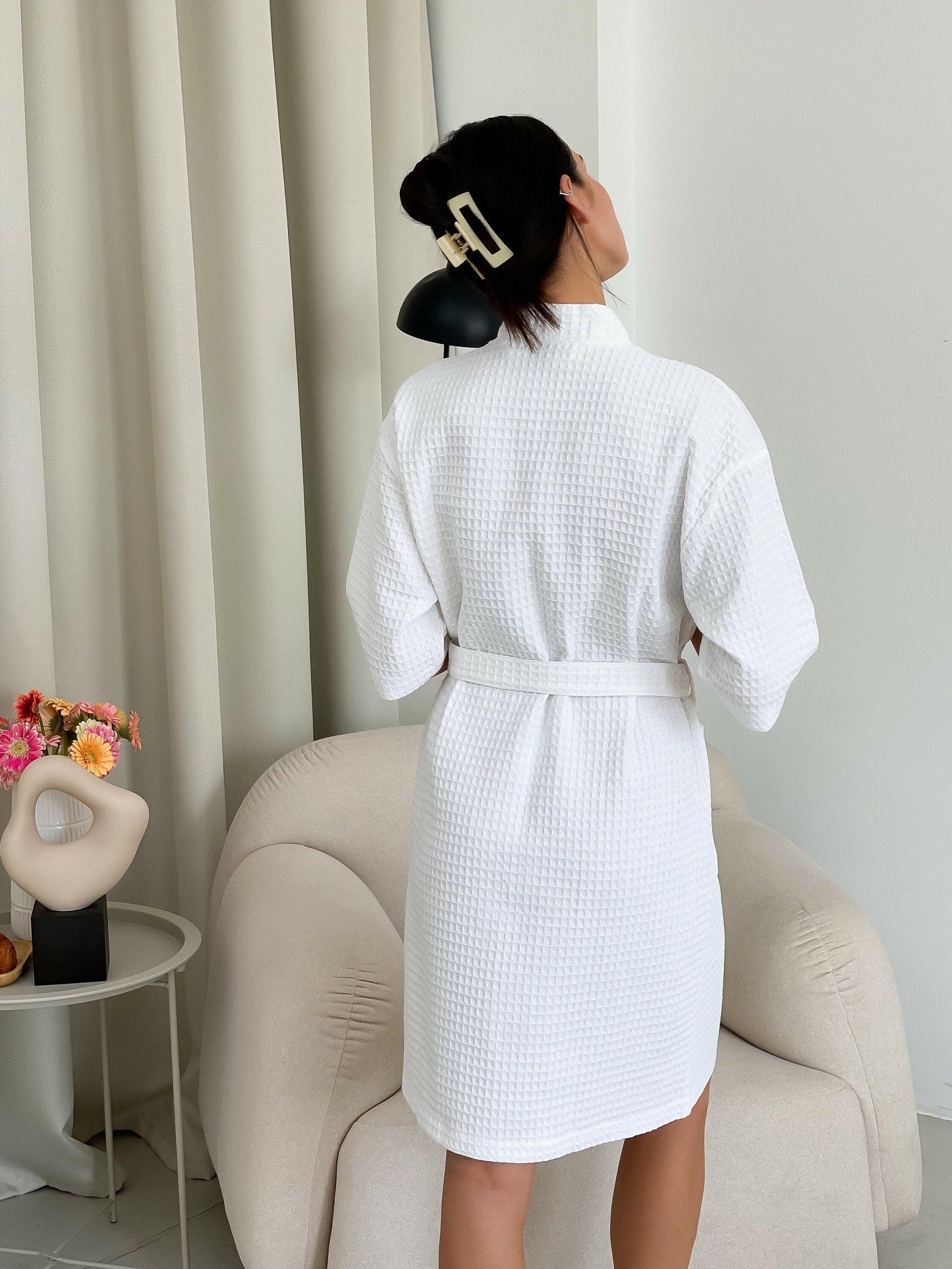 Quarter Sleeve Cotton Waffle Bathrobe.
