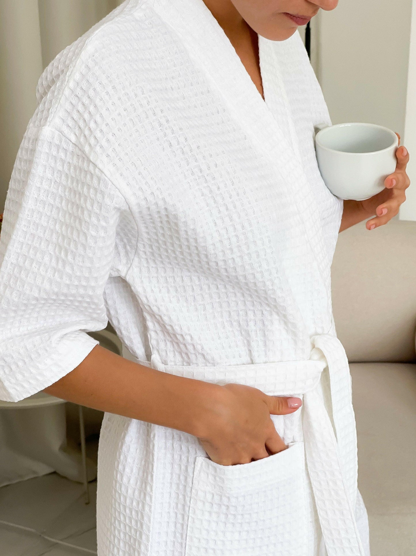 Quarter Sleeve Cotton Waffle Bathrobe.