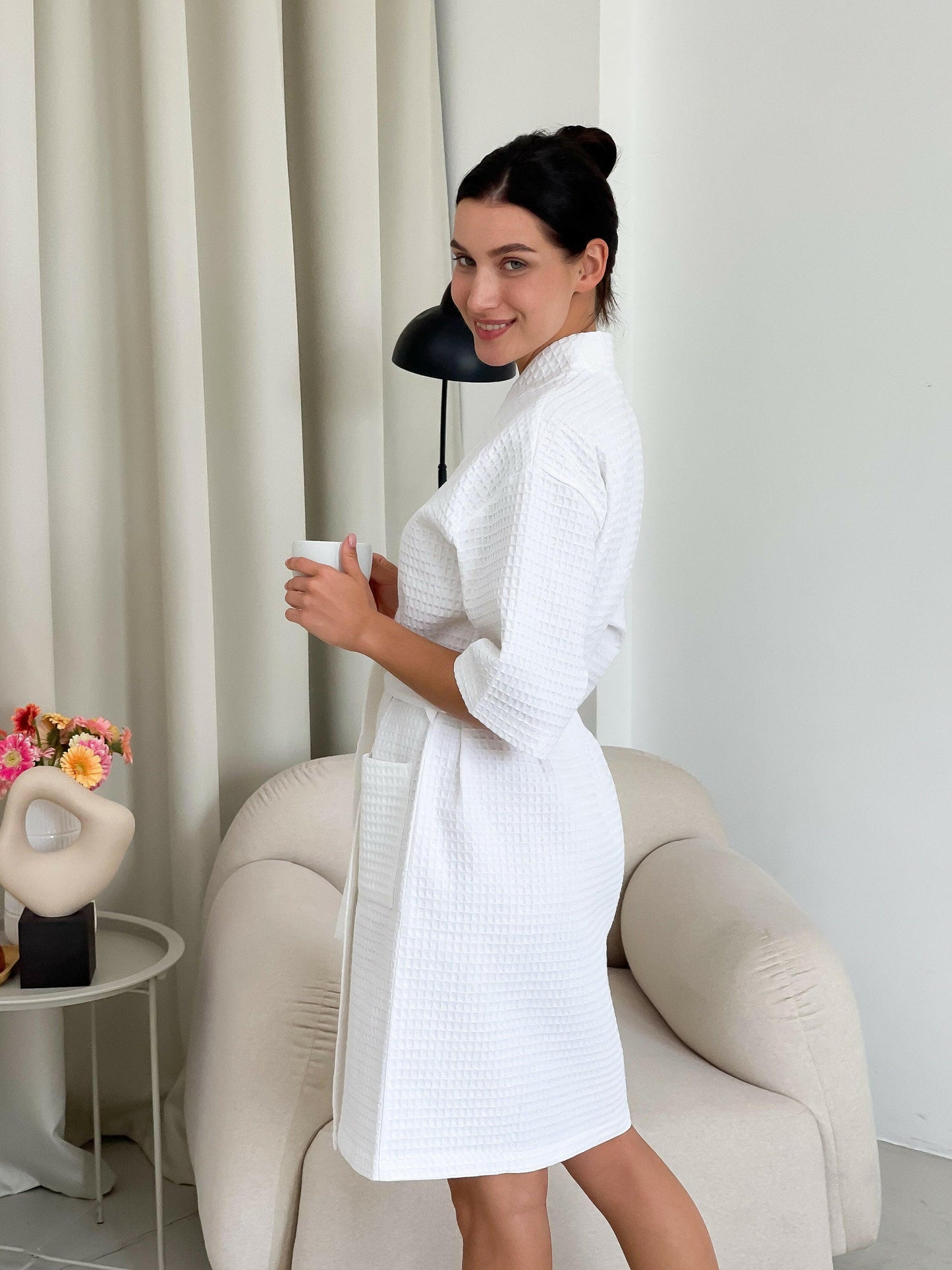 Quarter Sleeve Cotton Waffle Bathrobe.