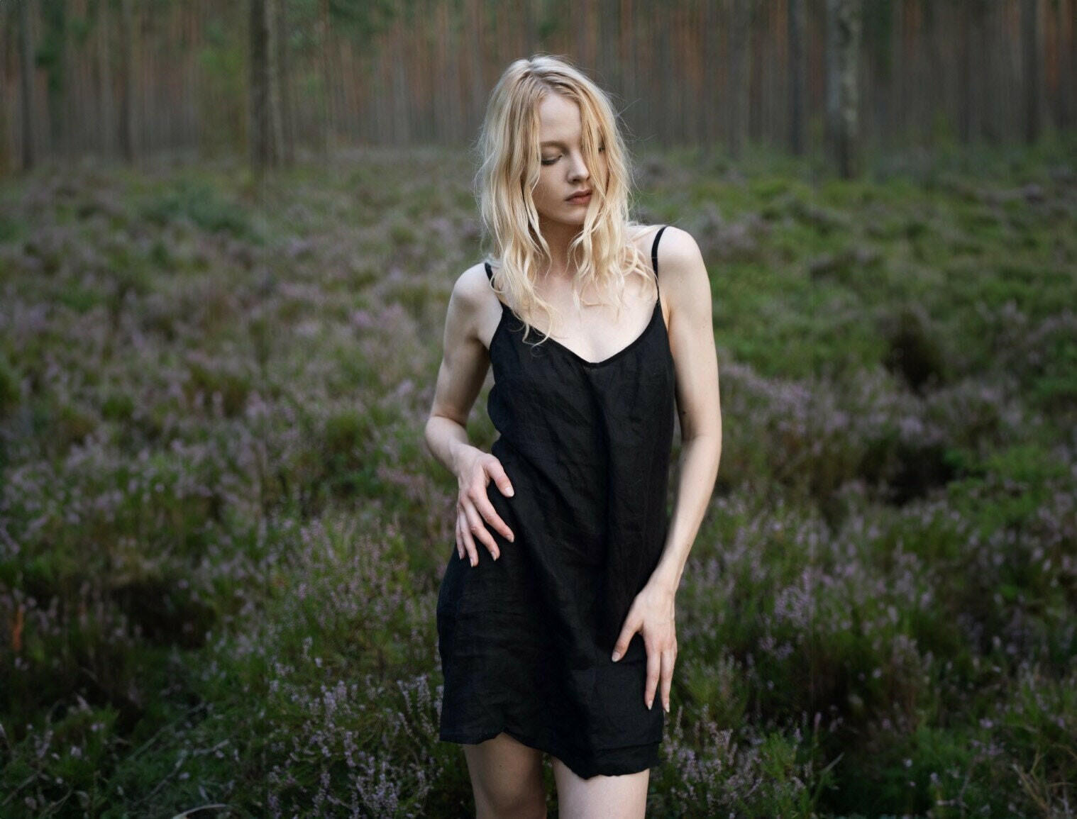 Linen Slip Dress in Black.