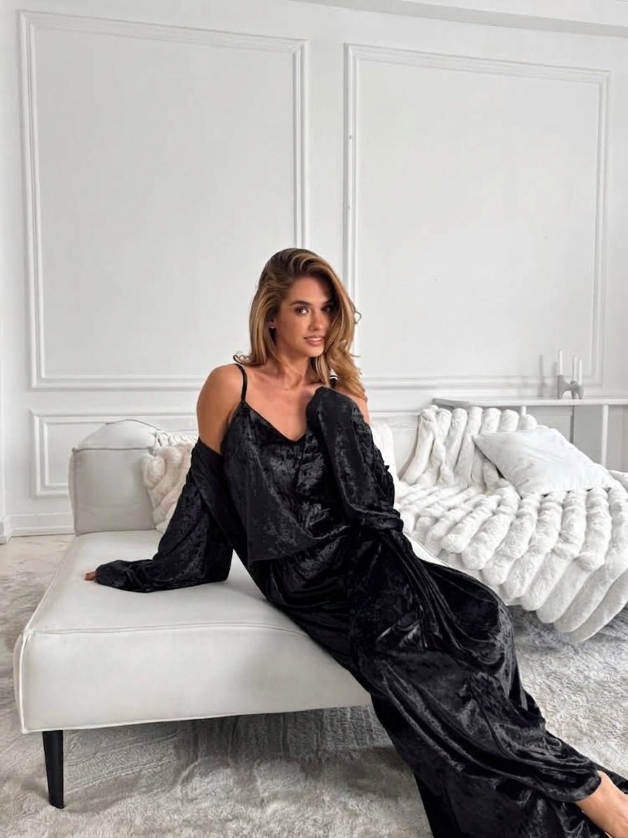 Italian Velvet 3 Piece Night Suit Set: Camisole, Pants & Robe - Bella Babe by SK