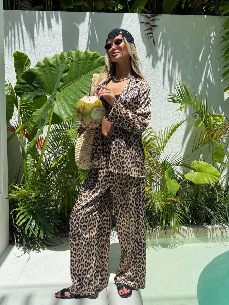 Leopard Print Satin Co-ord Set | Oversized Shirt & Relaxed Wide Leg Pants | Trendy Animal Print Loungewear for Women - Bella Babe by SK