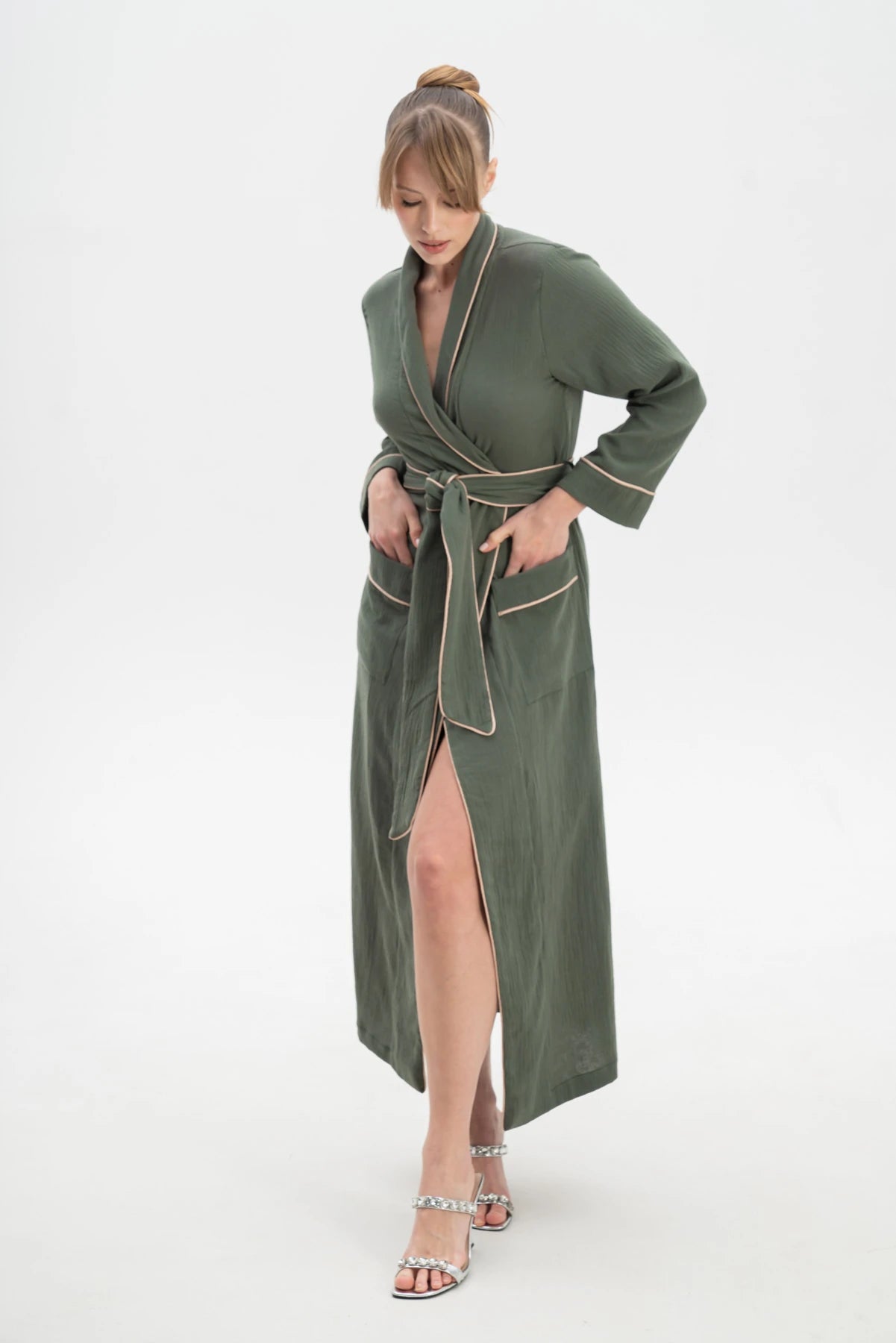 Muslin Long Robe with Piping.