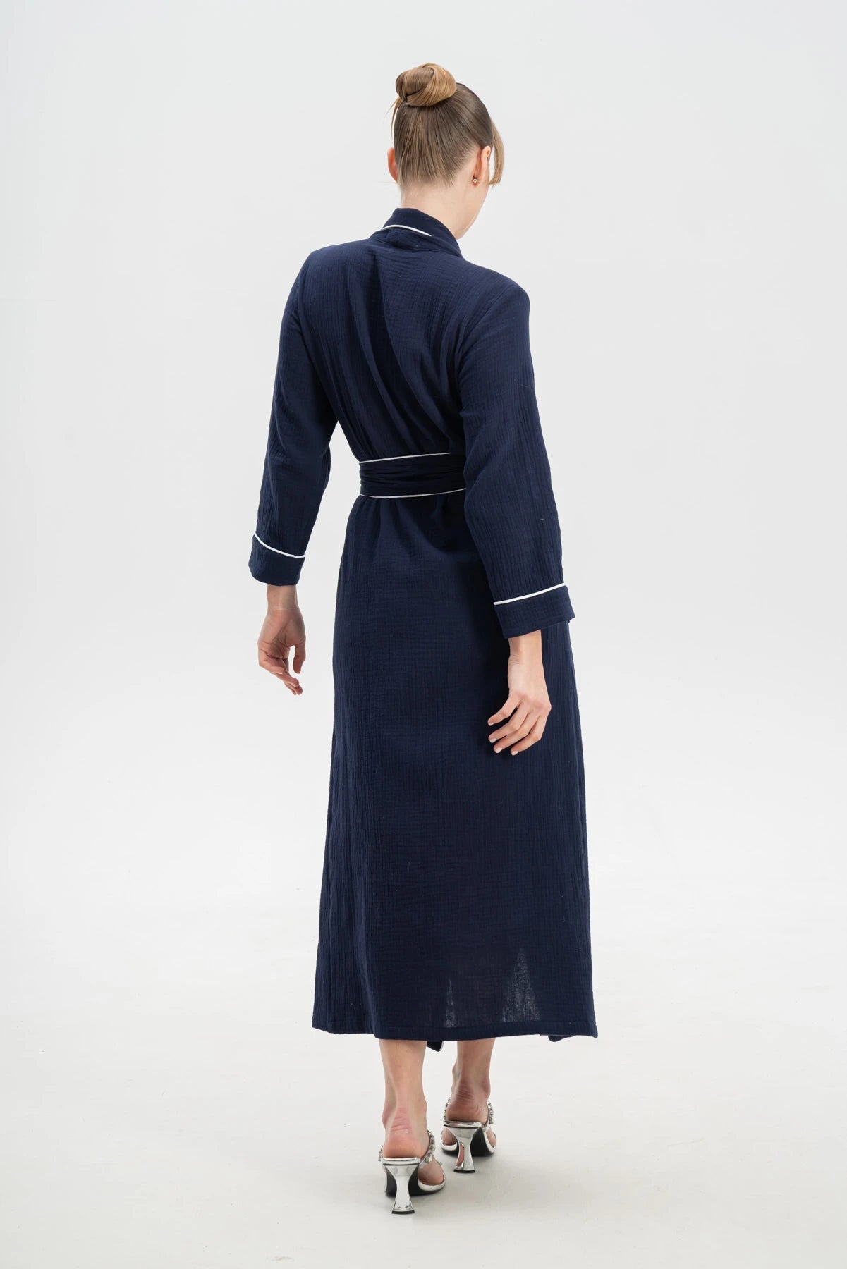 Muslin Long Robe with Piping.