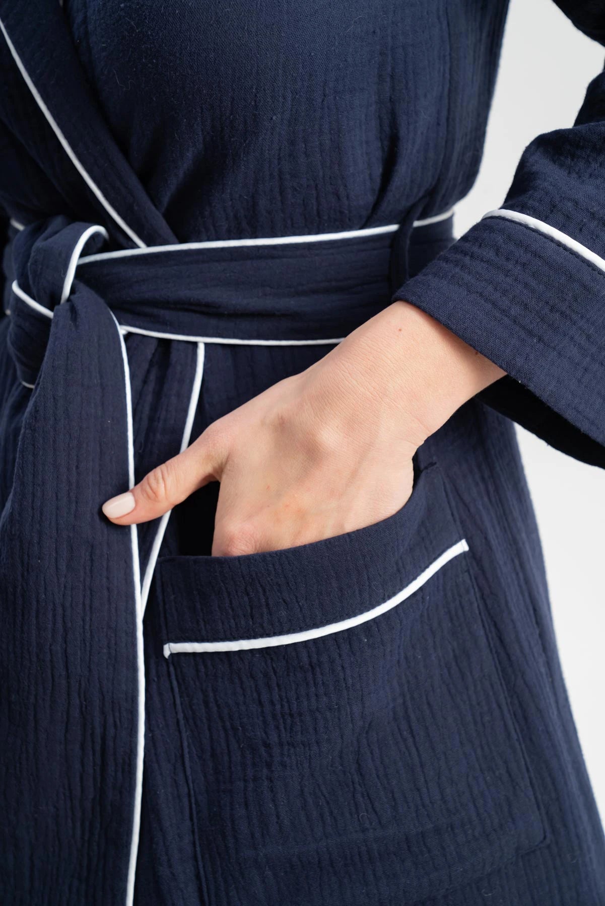 Muslin Long Robe with Piping.