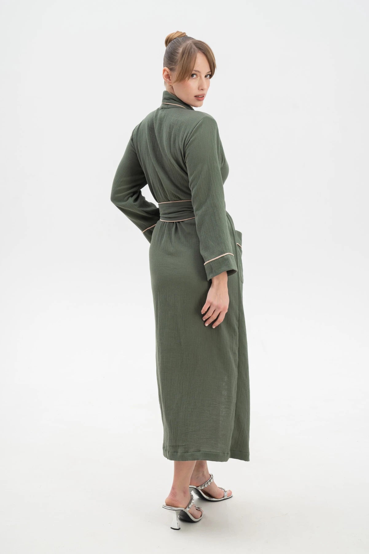 Muslin Long Robe with Piping.